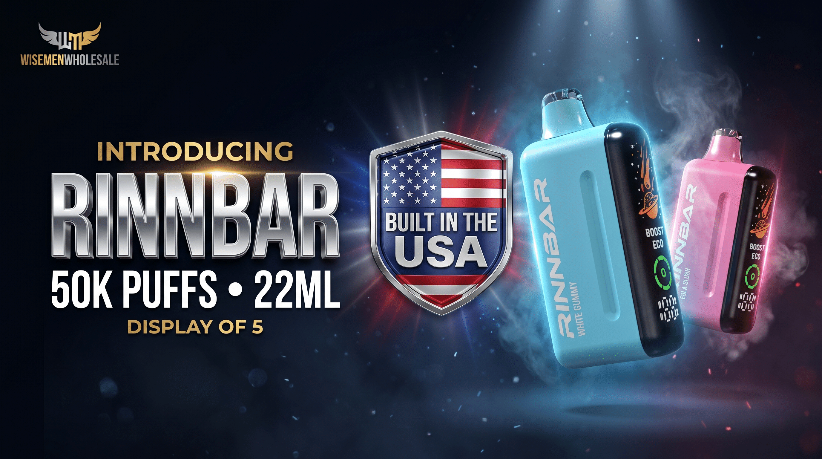 Rinnbar 50,000 Puffs 22mL disposable vape display of 5 built in the USA wholesale